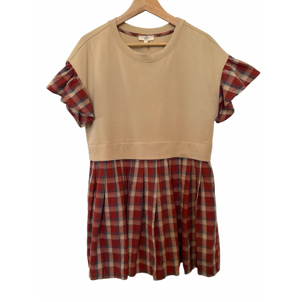 Entro Dress L Beige Colorblock Red Plaid Pleated Skirt Ruffle Slv Pockets Mini